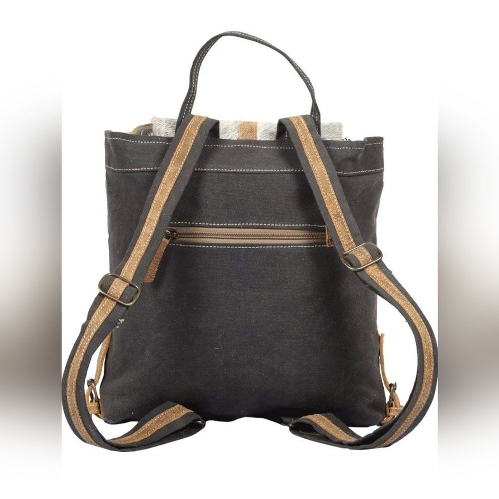 Myra Bag NWOT Artist's Impression Hairon Flapover Canvas & Leather Backpack - Picture 7 of 9